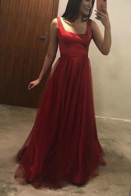 Red Stylish Tulle Floor Length Formal Dress, V Back Sexy Long Party Dress, Red Prom Dress