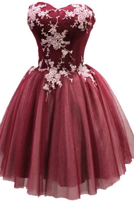 Wine Red Tulle Homecoming Dress With White Applique, Cute Party Dress 2018, Sweetheart Homecoming Dresses