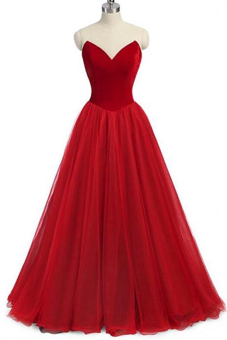 Red Gorgeous V-neckline Velvet Top Long Formal Gowns, Red Prom Dress, Beautiful Party Gowns