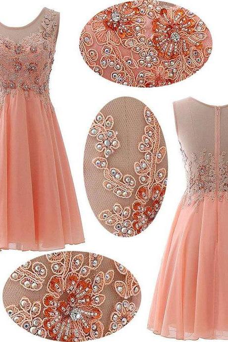 Pink Chiffon Beaded And Applique Lovely Knee Length Formal Dresses, Pink Party Dress 2018, Homecoming Dress