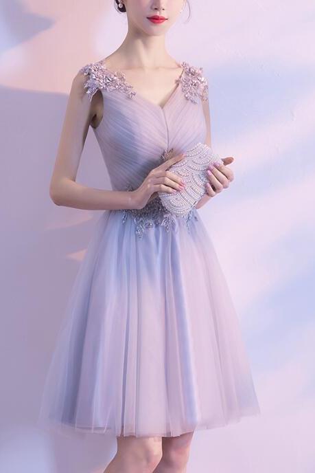 Grey Tulle V-neckline Simple Homecoming Dress 2018, Grey Party Dress, Grey Homecoming Dress, Formal Dress 