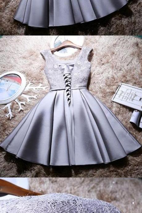 Grey Lace And Satin Homecoming Dress With Sash, Lovely Party Dress, Formal Dress 2018