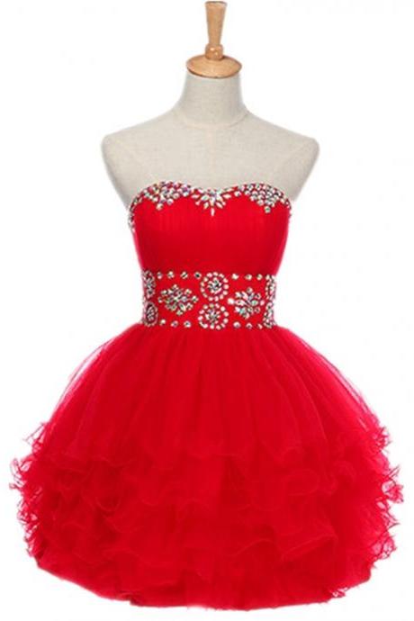 Gorgeous Red Rhinestone Embellished Red Sweetheart Short Party Dress, Red Short Prom Dress
