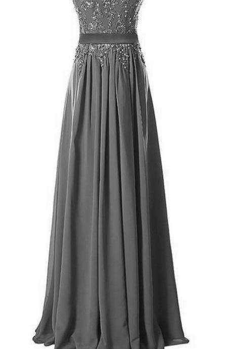 Beautiful Grey O-neckline Chiffon Long Party Dress, A-line Party Dress, Prom Dress 2018