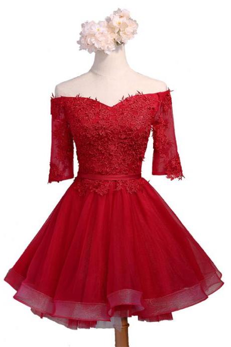 Red Lace Appliques Off-the-shoulder Half Sleeves Knee Length Tulle Ruffled Skater Homecoming Dress Featuring Lace-up Back