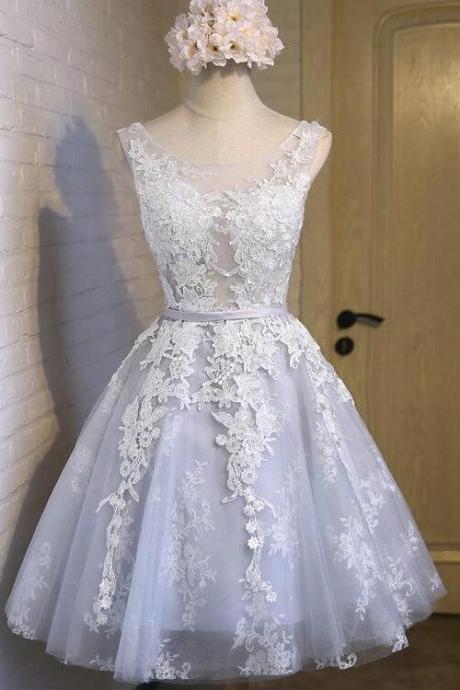 Pretty Grey Lace Short Party Dress, Knee Length Formal Dress, Lace And Tulle Junior Prom Dress