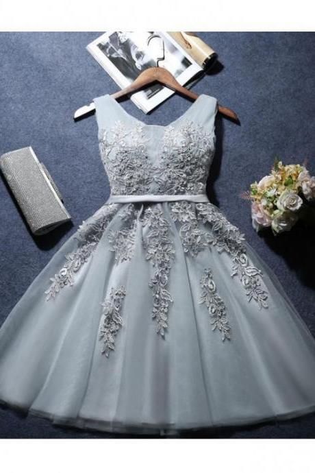 Grey Lace Applique V-neckline Tulle Elegant Graduation Dresses, Grey Party Dress, Lovely Handmade Formal Dress