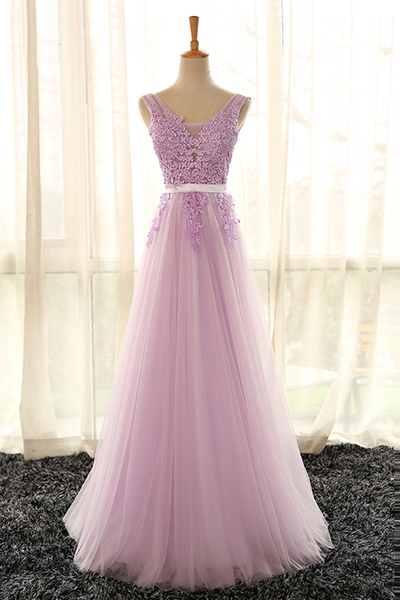 Lovely Light Lavender Tulle Floor Length Long Party Dress, Round Prom Dresses, Lavender Formal Gowns 2019