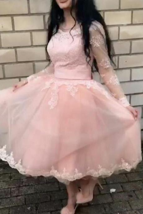 Cute Pink Long Sleeves Tea Length Party Dress, Tulle Handmade Formal Dress, Party Dress 2019