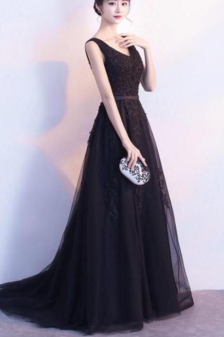 Black Tulle And Lace Applique Long Beaded Formal Dresses, Black Evening Dresses, Party Dresses, Formal Dresses