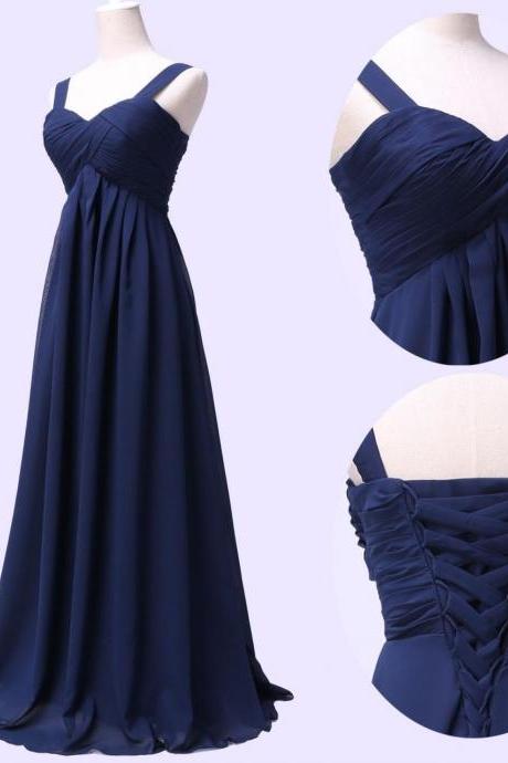 Navy Blue Chiffon Straps Bridesmaid Dresses, Simple Floor Length Party Dress, Navy Blue Dresses