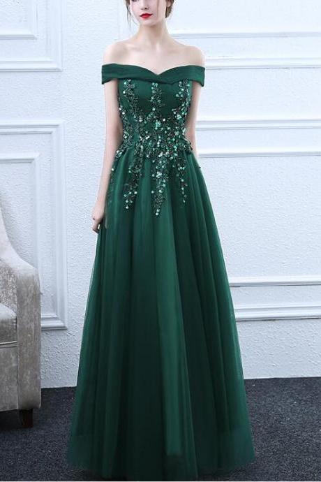 Green Off Shoulder Long Tulle Prom Dress 2019, Formal Gowns, Green Party Dresses, Green Formal Dress