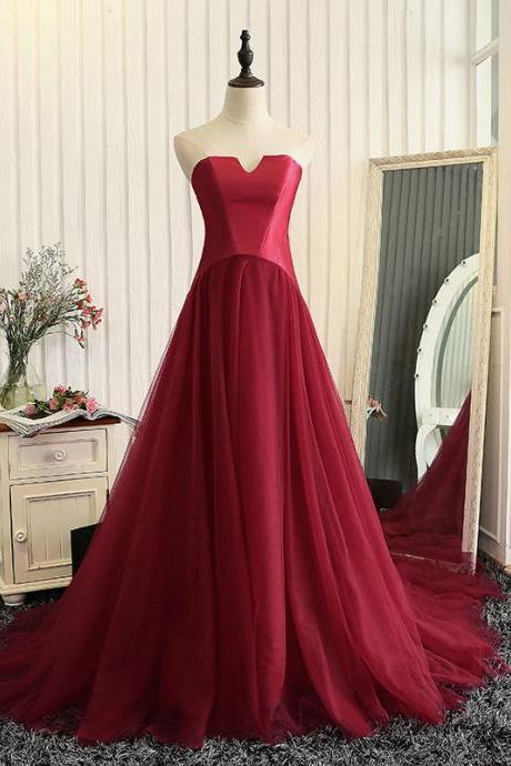 Red Satin And Tulle Unique Long Formal Gowns, Wine Red Prom Dress 2019