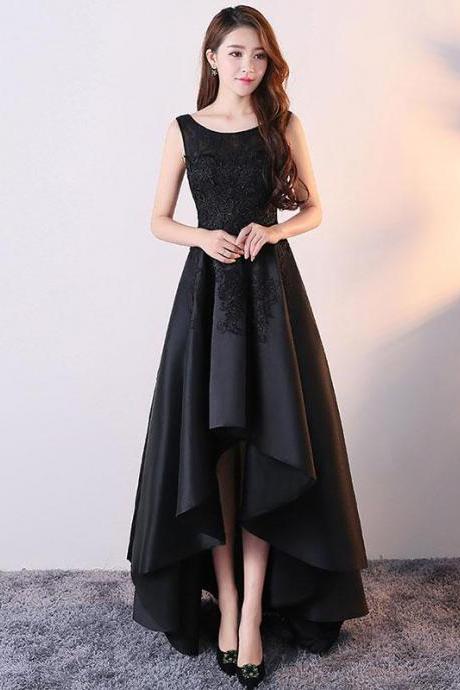 Black Satin And Lace Round Neckline High Low Dress, High Low Formal Gowns, Party Dresses