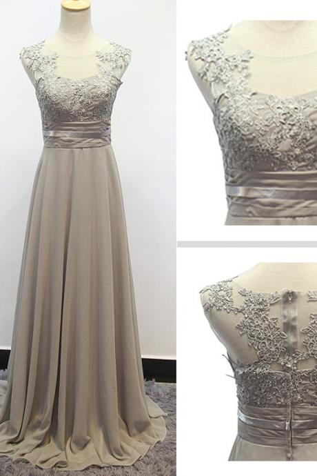 Grey Bridesmaid Dresses, Chiffon Handmade Long Wedding Party Dress with Lace Applique