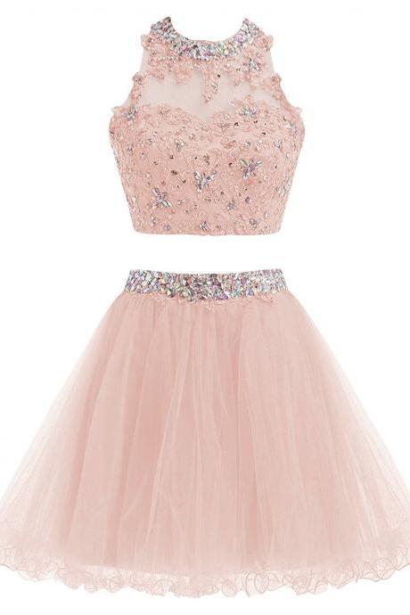 Pink Two Piece Tulle Homecoming Dresses, Beaded And Lace Short Party Dresses, Prom Dress 2019