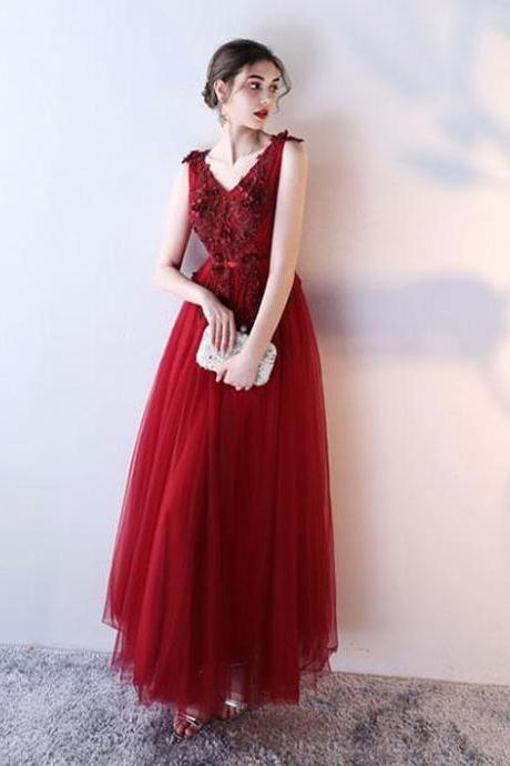 Wine Red Long Tulle V-neckline Formal Gowns, Prom Dress 2019, Burgundy Formal Dress