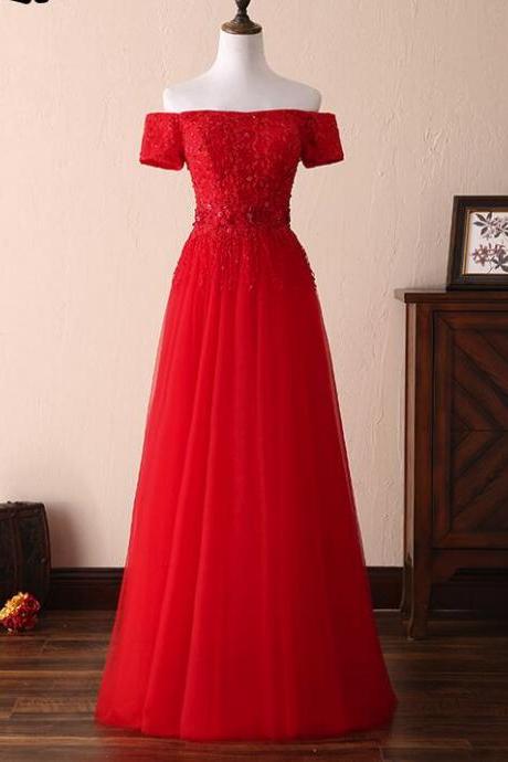 Red Off Shoulder Tulle Lace Floor Length Gowns, Prom Gowns 2019, Off Shoulder Formal Dresses
