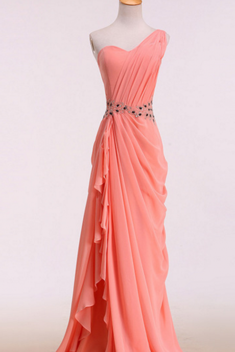 Coral One Shoulder Elegant Chiffon Formal Dress, Lovely Party Gowns 2019