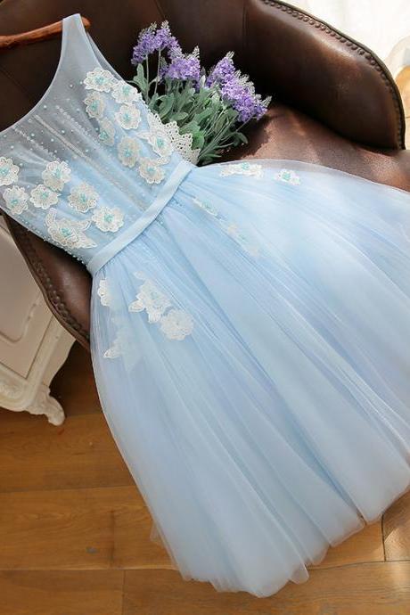 Light Blue Tea Length Gorgeous Party Dresses, Blue Beaded Vintage Style Party Dresses