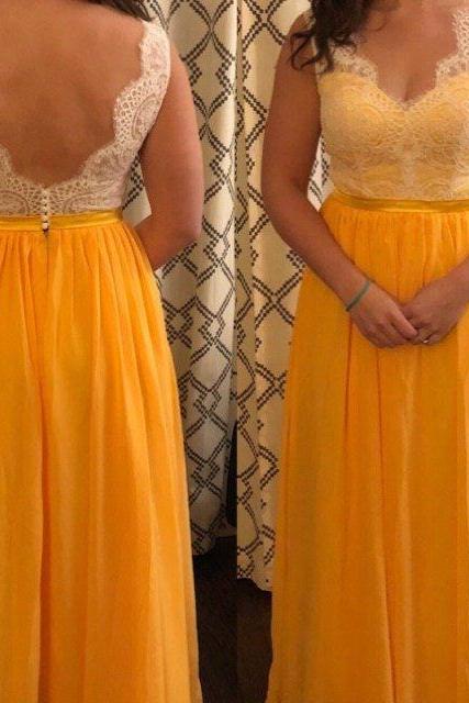 Yellow Chiffon And Lace Long Party Dresses, Pretty Prom Dresses, Cute Party Dresses