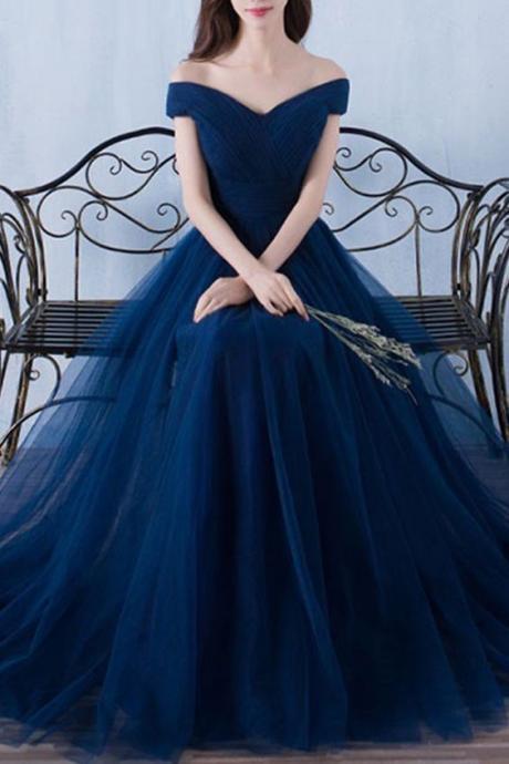 Navy Blue Long Prom Dress 2019, Off Shoulder Party Dresses, Pretty Formal Dresses