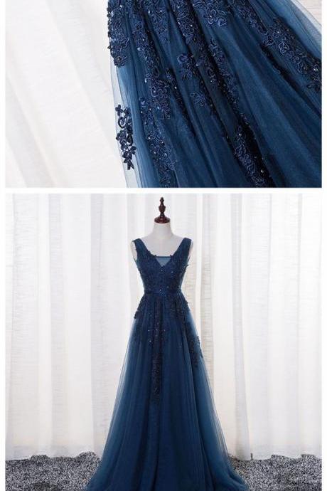 Navy Blue Prom Dresses 2019, V-neckline Lace Applique, Prom Dresses 2019