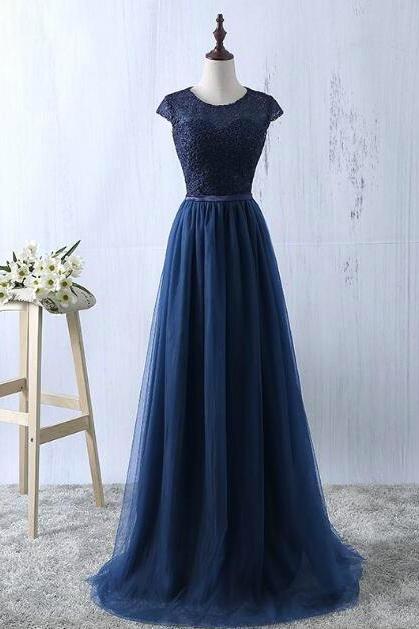 Lace And Tulle Navy Blue Long Prom Dresses, Elegant Bridesmaid Dresses, Party Dresses 2019