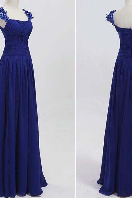 Blue Chiffon Cap Sleeves Long Bridesmaid Dresses, Beautiful Party Dress, Chiffon Formal Dresses 2019
