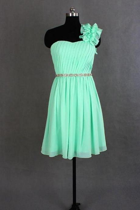 One Shoulder Mint Green Bridesmaid Dresses, Short Bridesmaid Dresses, Party Dress 2019