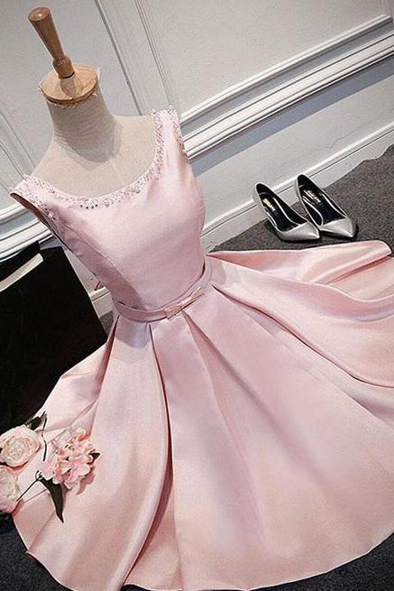 Pink Round Neckline V Back Cute Party Dresses, Pink Formal Dress, Pink Party Dresses