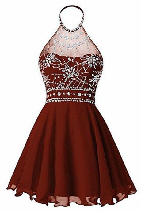Beautiful Wine Red Halter Homecoming Dress, Beaded Wine Red Short Prom Dress