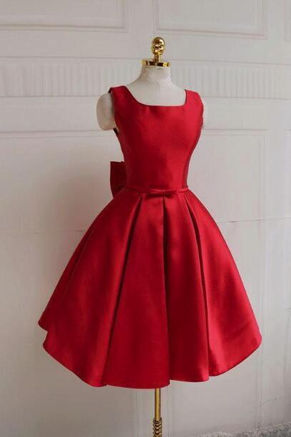 Red Satin Short Backless Prom Dress, Red Homecoming Dresses