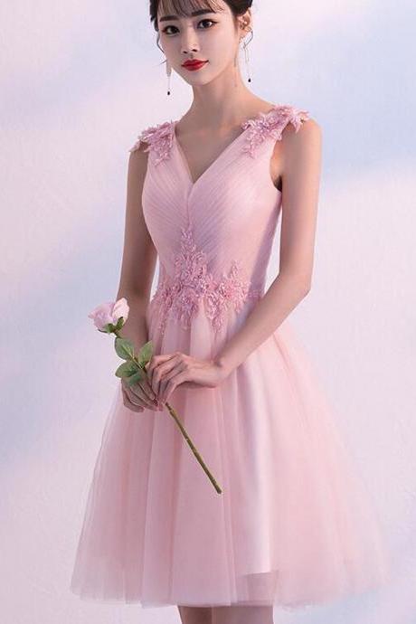 Pink Short Tulle Homecoming Dress, Pink With Lace Applique Prom Dress 2019