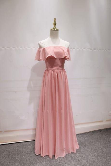 Pink Off Shoulder Chiffon Prom Dress, Pink Bridesmaid Dress, Lovely Party Dress