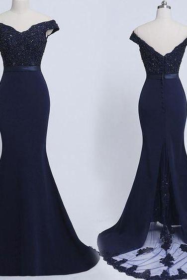Navy Blue Mermaid Spandex Off Shoulder with Lace Bridesmaid Dress, Beautiful Blue Party Dress