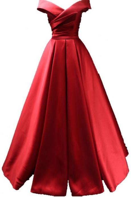 Red Satin Long Prom Dress, Red Off Shoulder Formal Gowns, Prom Dress 2019