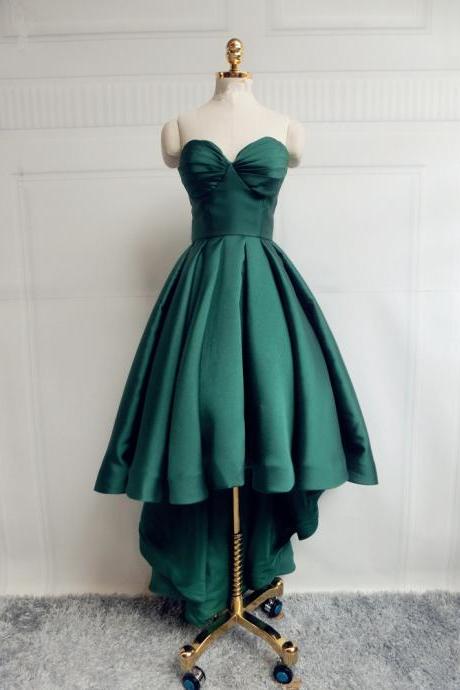 Green Satin High Low Chic Party Dress, Sweetheart Lovely Formal Dress