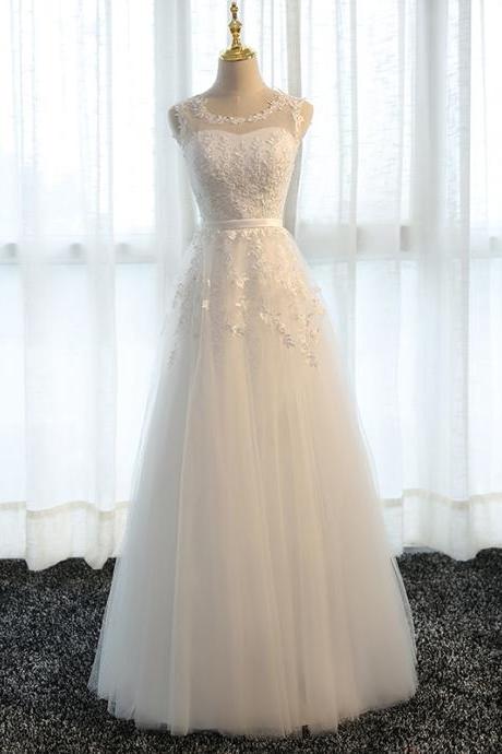 White Tulle And Lace Elegant Floor Length Party Dress, White Simple Graduation Dress