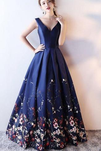 Navy Blue Floral Satin Long Party Gowns, Lace Prom Dress, Lovely Party Dress 2019