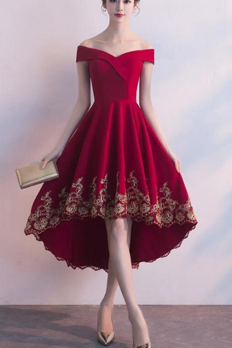 Beautiful Red High Low Party Dress With Gold Applique, Stylish Formal Dress, Cute Party Dress