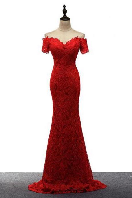Red Off Shoulder Lace Mermaid Long Party Dress, Lace Prom Dress, Red Junior Prom Dress 2019