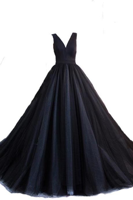 Charming Black Tulle V-neckline Formal Gown, Black Evening Dress, Black Party Dress