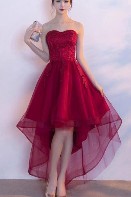 Tulle Sweetheart High Low Lace Formal Dress, Wine Red Homecoming Dress 2019, Lace-up Party Dress