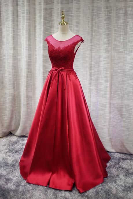 Red Satin Long Prom Dress, Round Neckline Charming Prom Gowns, Junior Prom Dress 2019