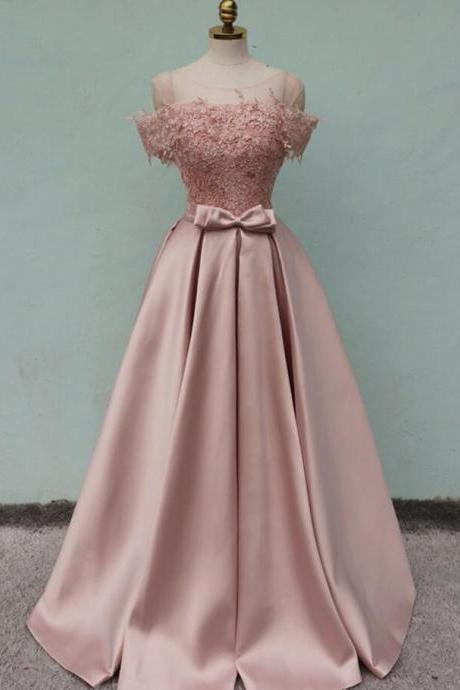 Pink Off Shoulder A-line Satin Floor Length Wedding Party Dress, Pink Formal Gown 2019