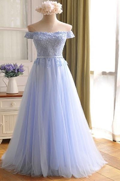 Adorable Off Shoulder Light Lavender Long Tulle Prom Dress 2019, Junior Party Dress 2019, Formal Gowns