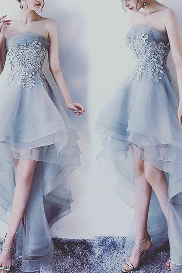 Grey Lace And Tulle High Low Formal Dresses, Lovely Party Dress, Handmade Party Dresses
