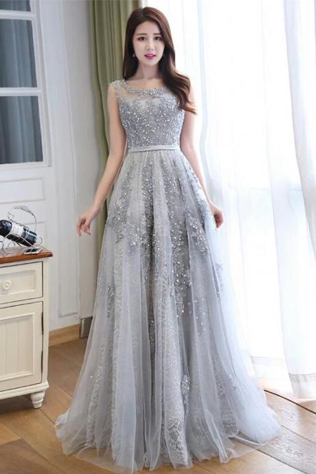 Grey Lace and Tulle Long Formal Dress, Beautiful A-line Charming Handmade Party Dress 2019