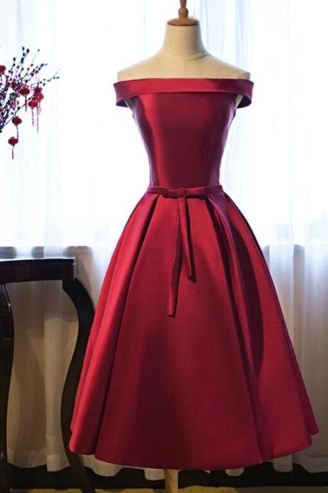 Dark Red Satin Wedding Party Dress, Off Shoulder Vintage Style Formal Gown 2019